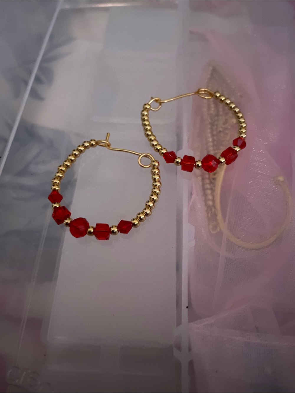 Gold Hoop Earrings with Red Crystal Beads
